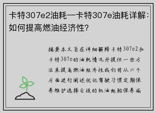 卡特307e2油耗—卡特307e油耗详解：如何提高燃油经济性？