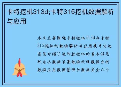 卡特挖机313d;卡特315挖机数据解析与应用