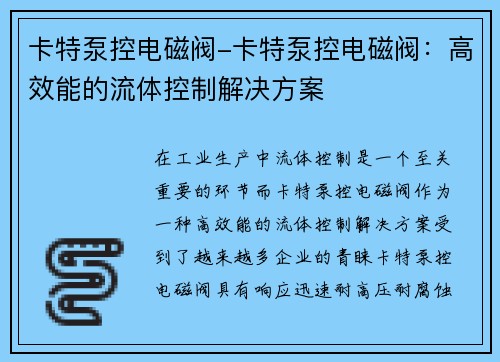 卡特泵控电磁阀-卡特泵控电磁阀：高效能的流体控制解决方案